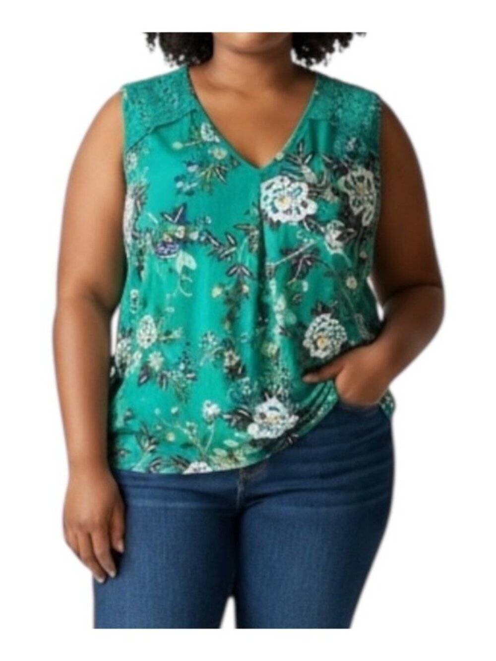 Daniel Rainn Women's Crochet Detail Blouse~Size 1X~Green Floral Tunic~NWT~L11 16